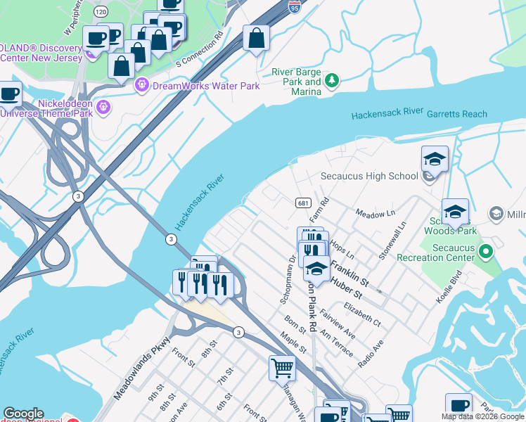 map of restaurants, bars, coffee shops, grocery stores, and more near Blue Heron Drive in Secaucus