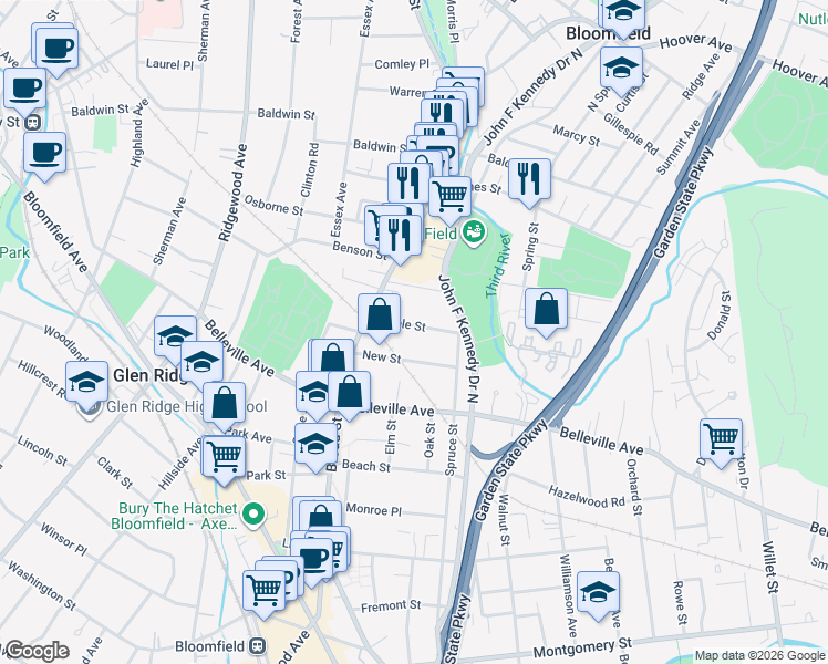 map of restaurants, bars, coffee shops, grocery stores, and more near 43 New Street in Bloomfield