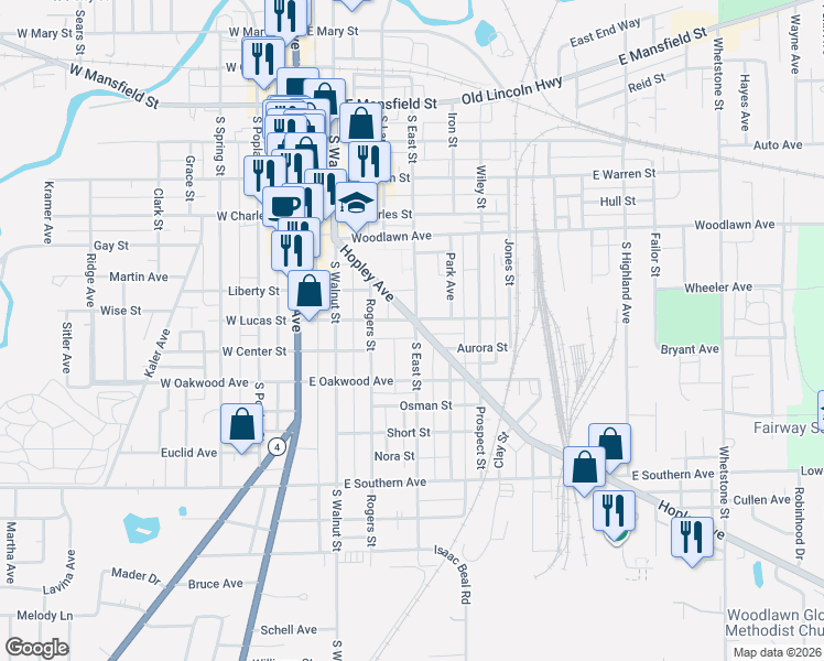 map of restaurants, bars, coffee shops, grocery stores, and more near 627 South East Street in Bucyrus