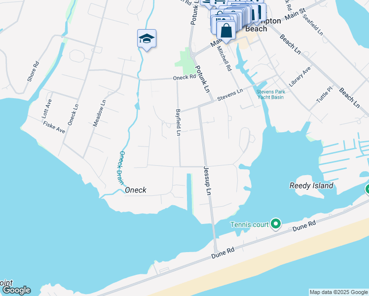 map of restaurants, bars, coffee shops, grocery stores, and more near 64 Bayfield Lane in Westhampton Beach