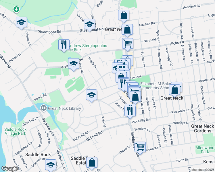 map of restaurants, bars, coffee shops, grocery stores, and more near 17 Crampton Avenue in Great Neck