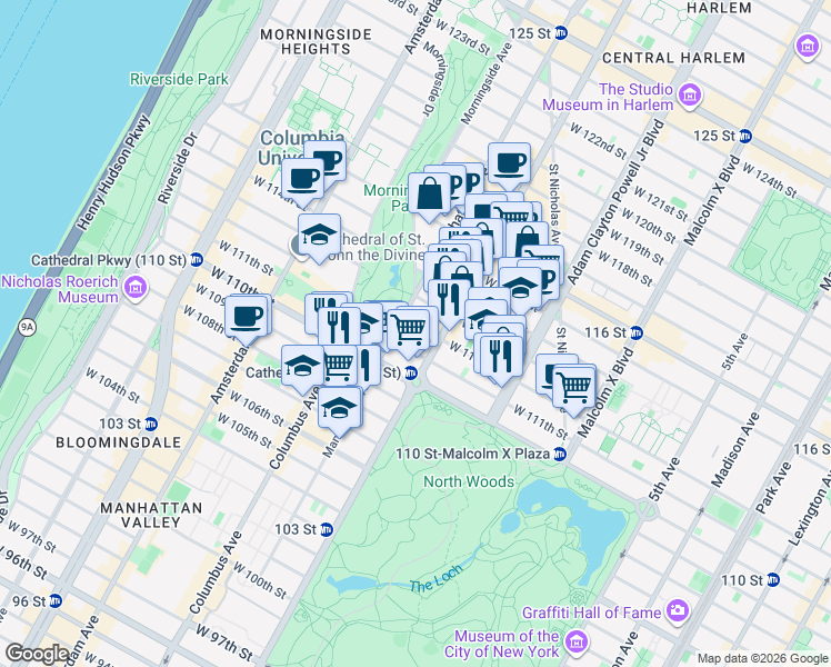 map of restaurants, bars, coffee shops, grocery stores, and more near in New York