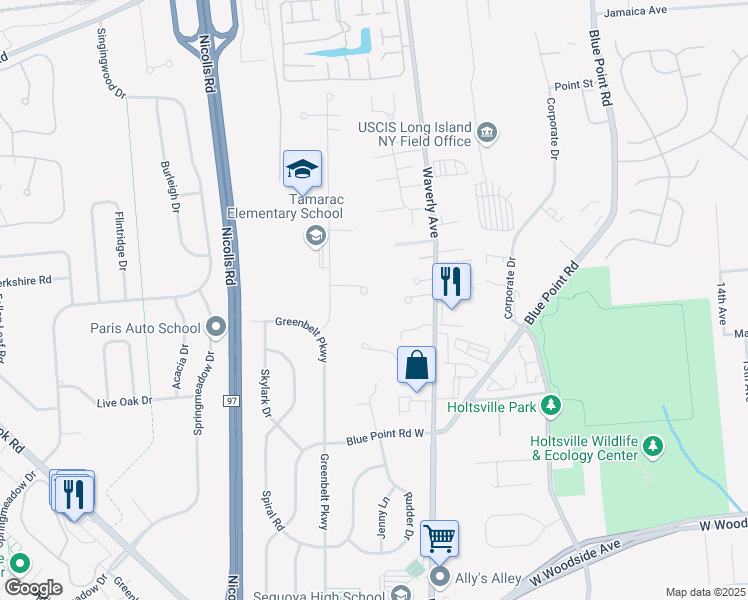 map of restaurants, bars, coffee shops, grocery stores, and more near 16 Deerfield Court in Holtsville