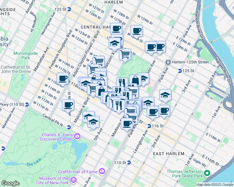 map of restaurants, bars, coffee shops, grocery stores, and more near 8 West 118th Street in New York