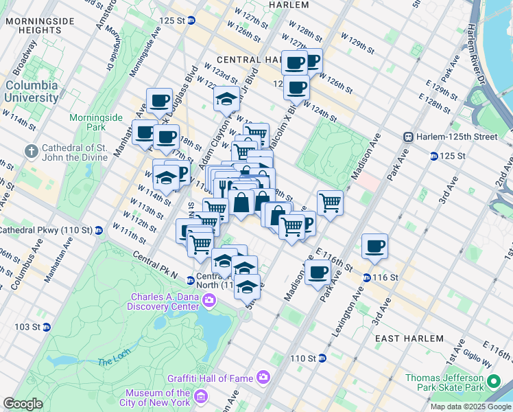 map of restaurants, bars, coffee shops, grocery stores, and more near 46 West 116th Street in New York