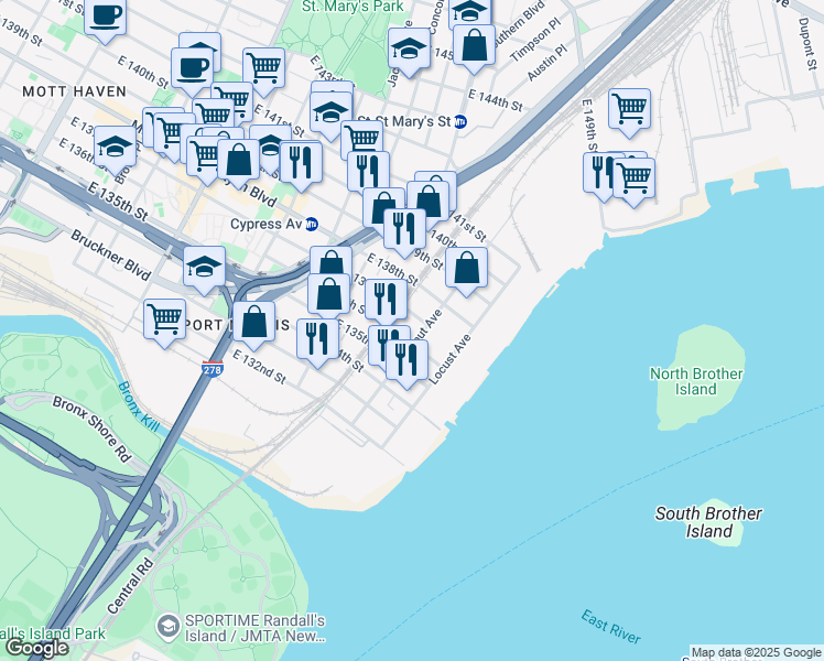 map of restaurants, bars, coffee shops, grocery stores, and more near in Bronx