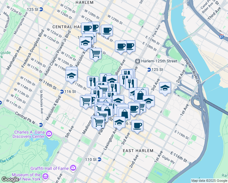 map of restaurants, bars, coffee shops, grocery stores, and more near 76 East 119th Street in New York