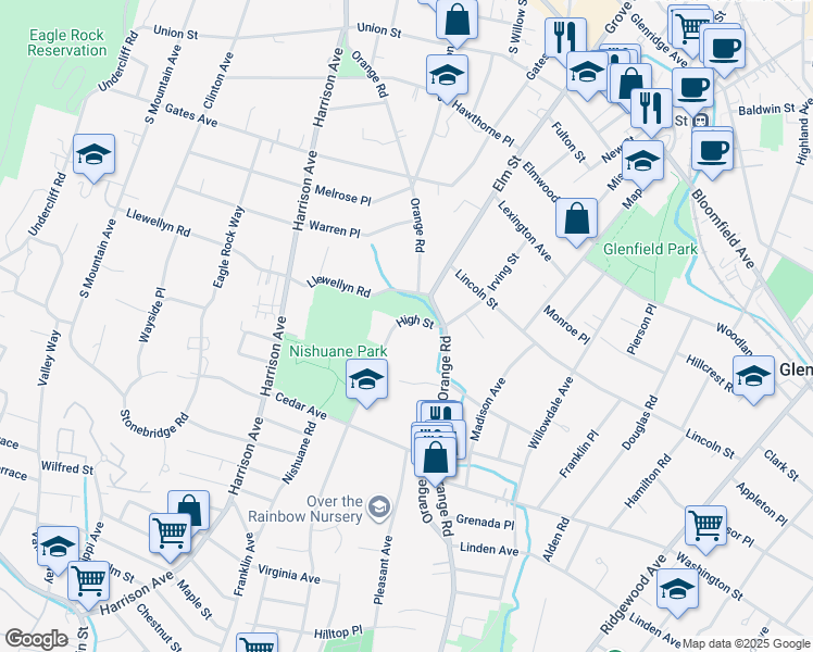 map of restaurants, bars, coffee shops, grocery stores, and more near 17 High Street in Montclair