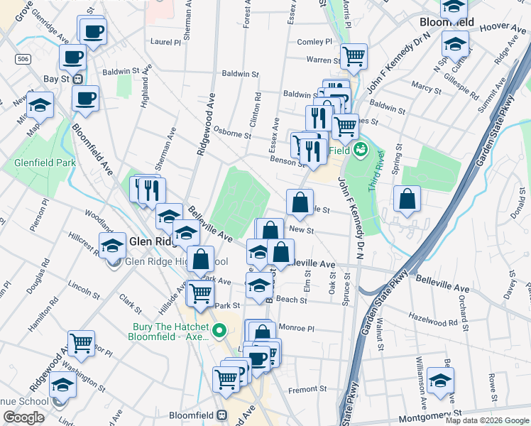 map of restaurants, bars, coffee shops, grocery stores, and more near 169 State Street in Bloomfield