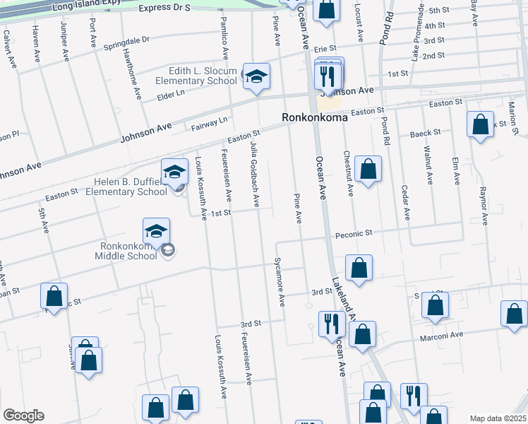 map of restaurants, bars, coffee shops, grocery stores, and more near 2291 Julia Goldbach Avenue in Ronkonkoma
