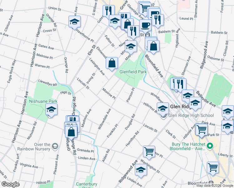 map of restaurants, bars, coffee shops, grocery stores, and more near 34 Marston Place in Montclair