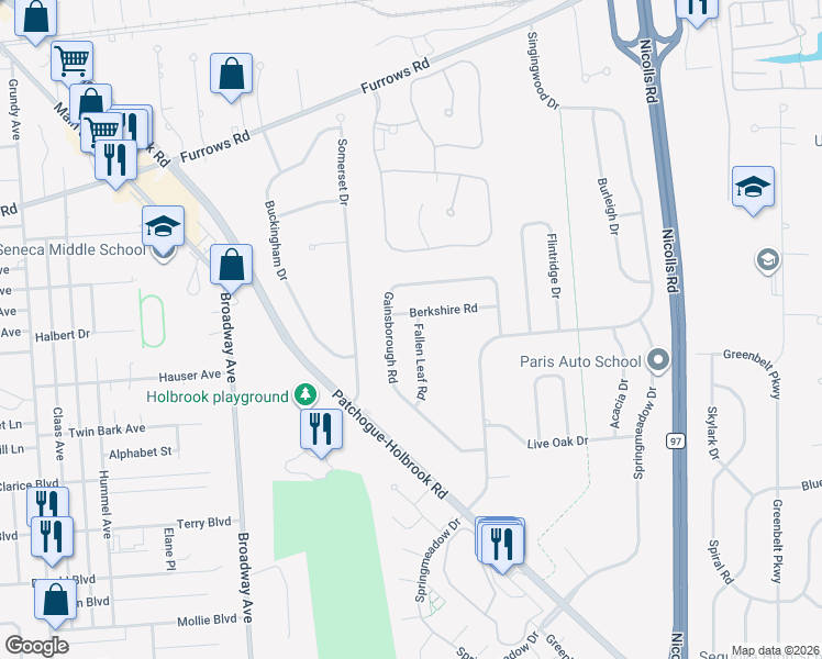 map of restaurants, bars, coffee shops, grocery stores, and more near 34 Fallen Leaf Road in Holbrook