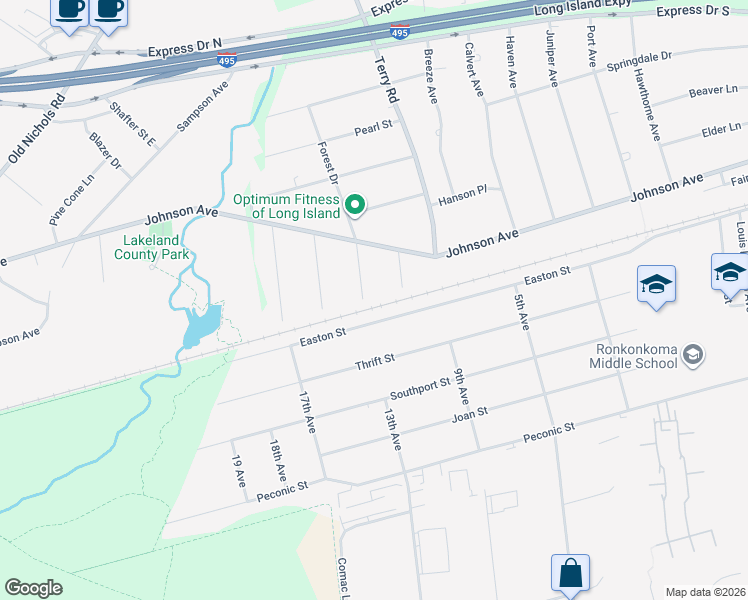 map of restaurants, bars, coffee shops, grocery stores, and more near 357 Easton Street in Ronkonkoma