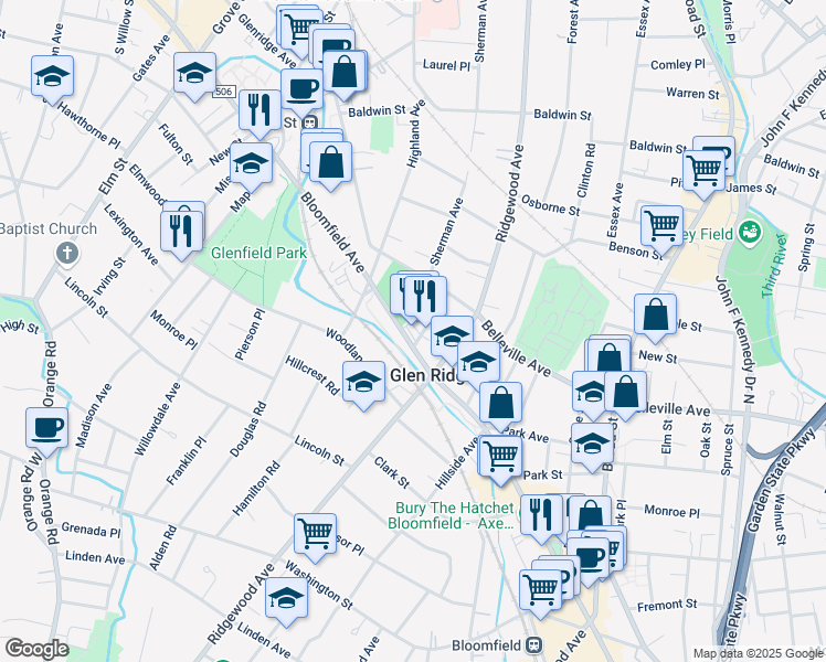 map of restaurants, bars, coffee shops, grocery stores, and more near 855 Bloomfield Avenue in Glen Ridge