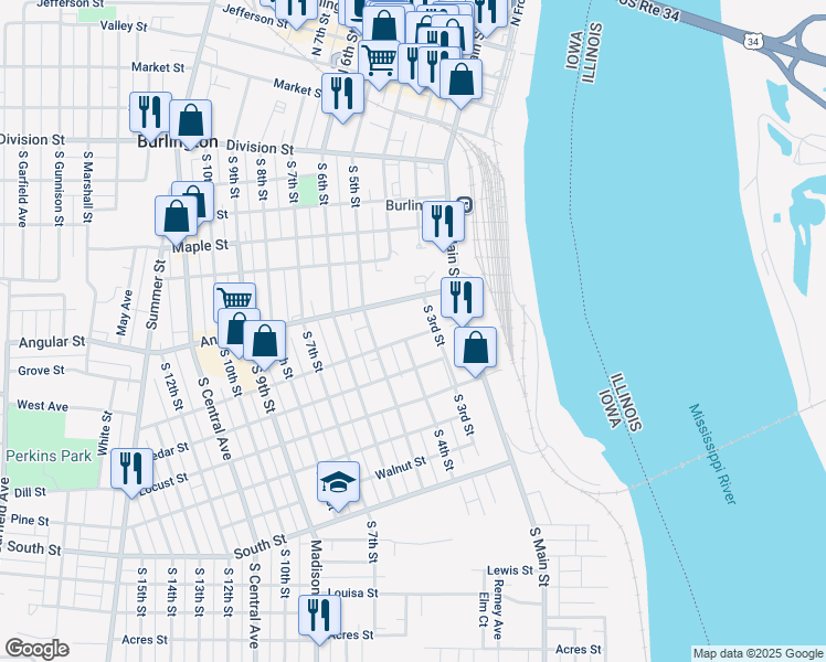 map of restaurants, bars, coffee shops, grocery stores, and more near 707 South 4th Street in Burlington