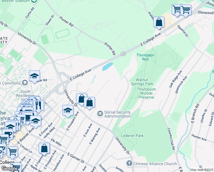 map of restaurants, bars, coffee shops, grocery stores, and more near 924 Bellaire Avenue in State College