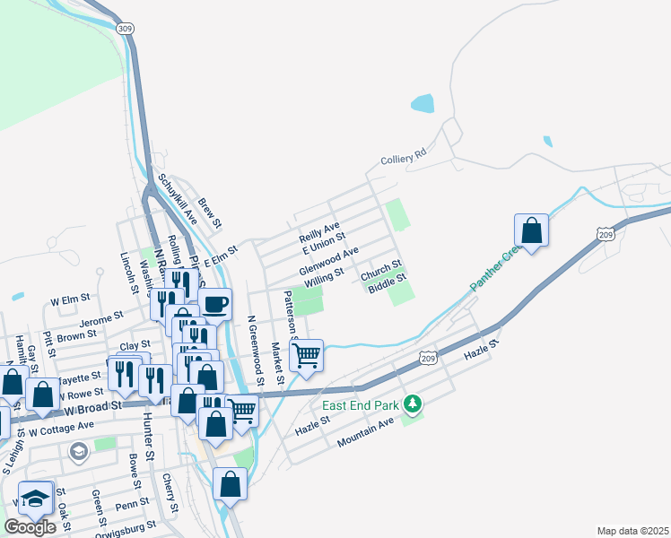 map of restaurants, bars, coffee shops, grocery stores, and more near 419 Willing Street in Tamaqua