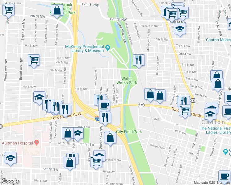 map of restaurants, bars, coffee shops, grocery stores, and more near 310 Hazlett Avenue Northwest in Canton