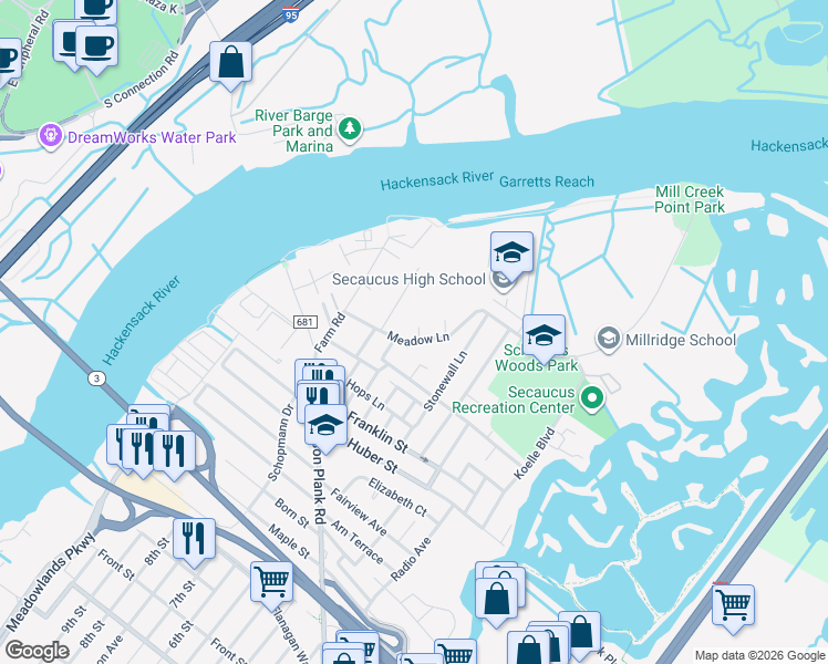map of restaurants, bars, coffee shops, grocery stores, and more near 191 Meadowlands Parkway in Secaucus