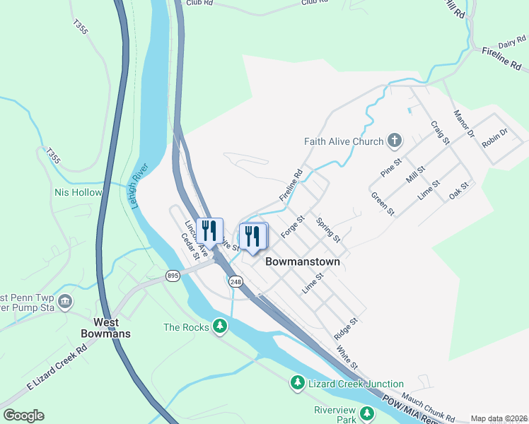 map of restaurants, bars, coffee shops, grocery stores, and more near 640 Ore Street in Palmerton