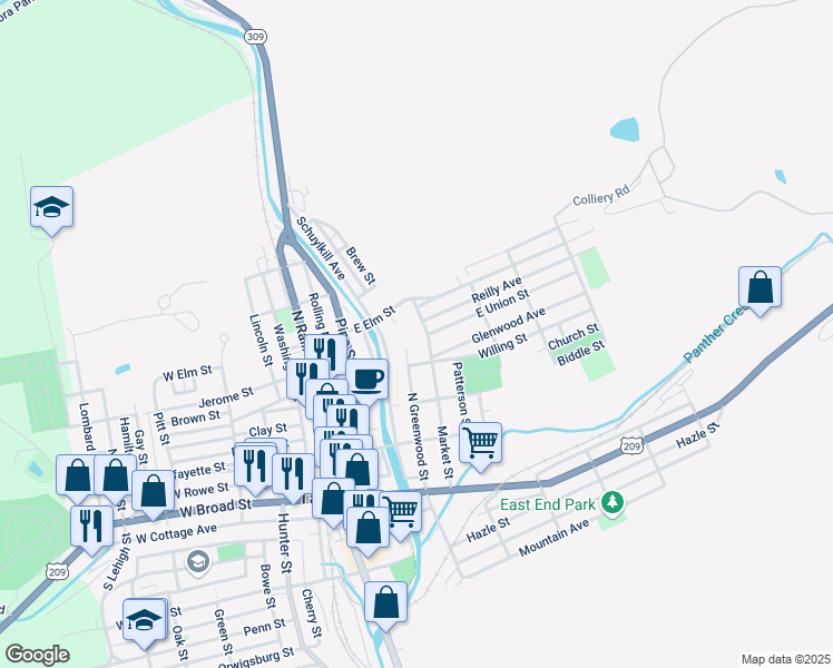 map of restaurants, bars, coffee shops, grocery stores, and more near 322 Market Street in Tamaqua