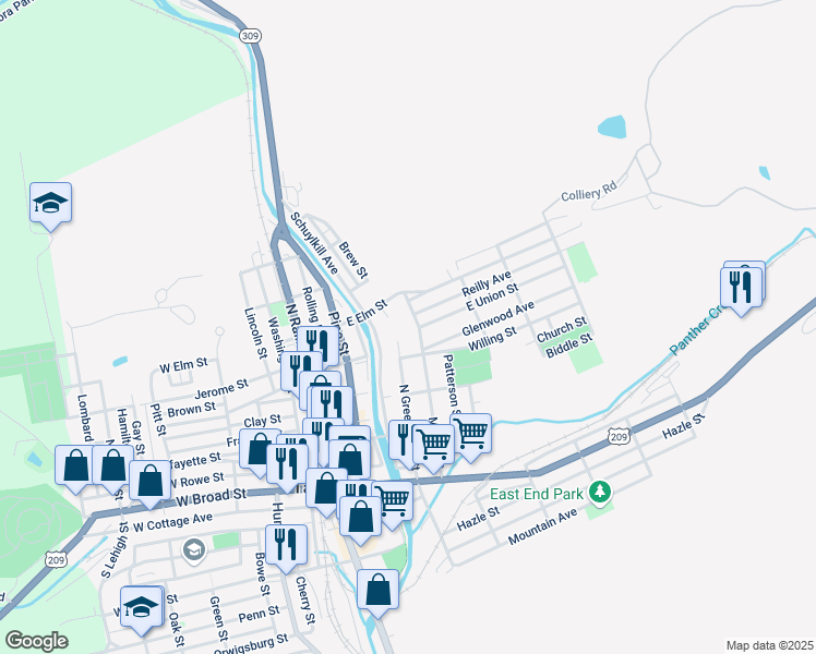 map of restaurants, bars, coffee shops, grocery stores, and more near 322 Market Street in Tamaqua