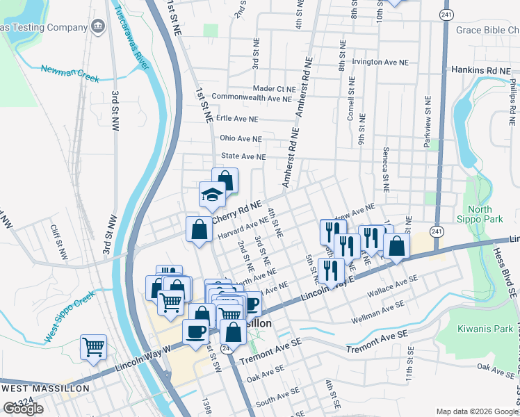 map of restaurants, bars, coffee shops, grocery stores, and more near 323 Harvard Avenue Northeast in Massillon