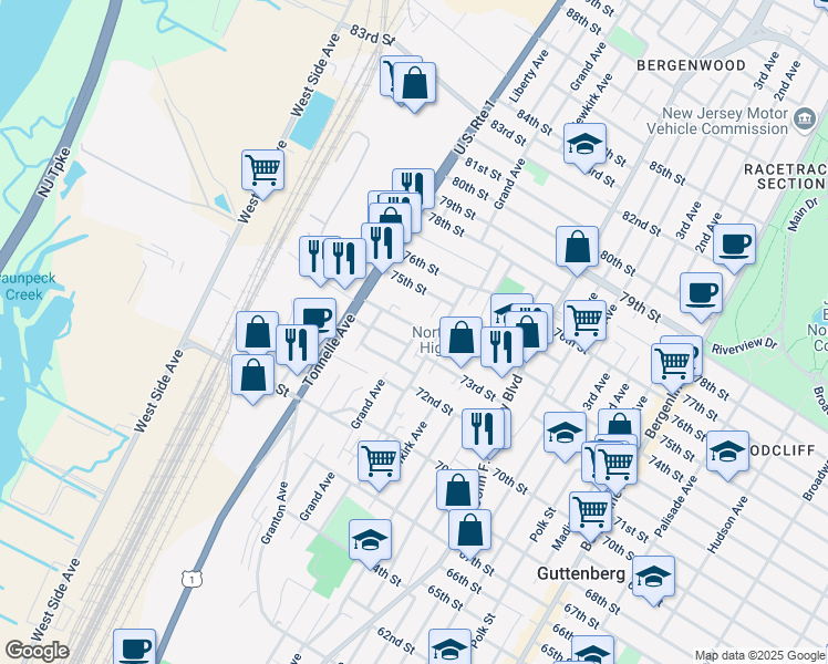 map of restaurants, bars, coffee shops, grocery stores, and more near 7308 Dane Court in North Bergen
