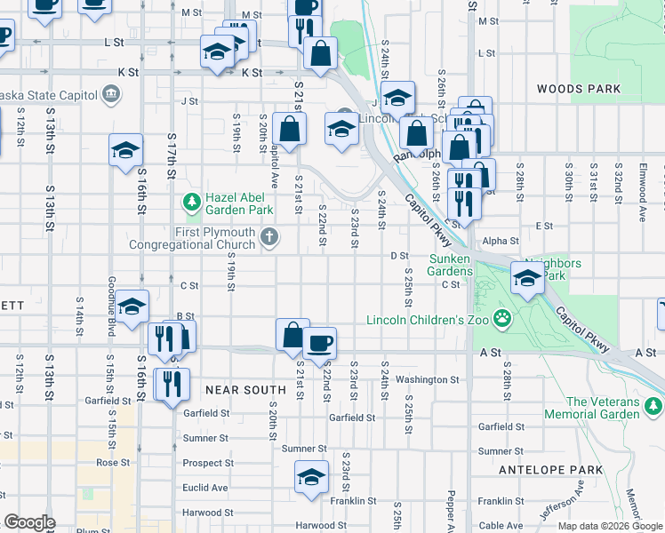 map of restaurants, bars, coffee shops, grocery stores, and more near 2224 C Street in Lincoln
