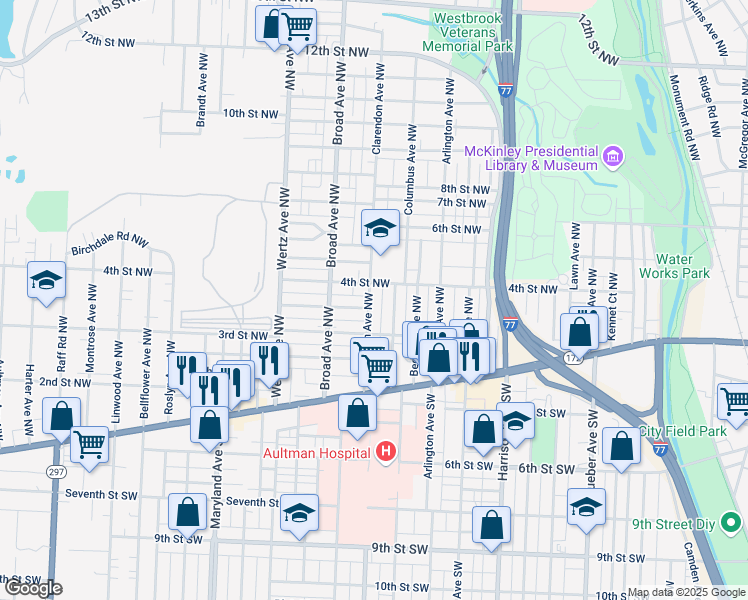 map of restaurants, bars, coffee shops, grocery stores, and more near 336 Clarendon Avenue Northwest in Canton