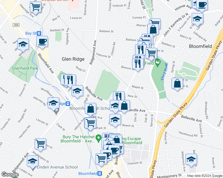 map of restaurants, bars, coffee shops, grocery stores, and more near 383 Belleville Avenue in Bloomfield
