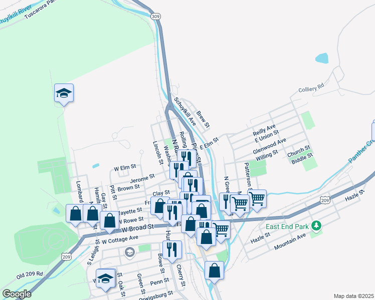 map of restaurants, bars, coffee shops, grocery stores, and more near 331 North Railroad Street in Tamaqua