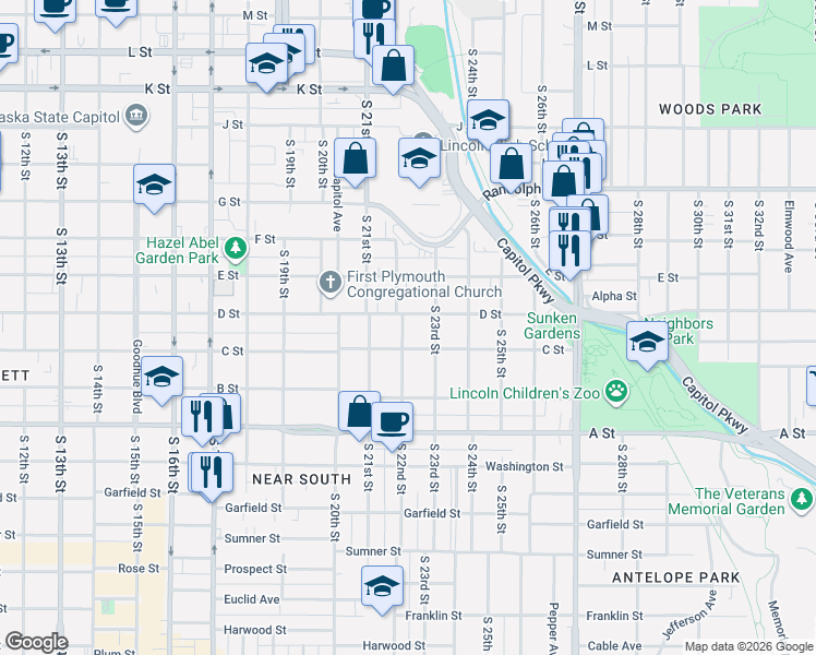 map of restaurants, bars, coffee shops, grocery stores, and more near 2224 C Street in Lincoln