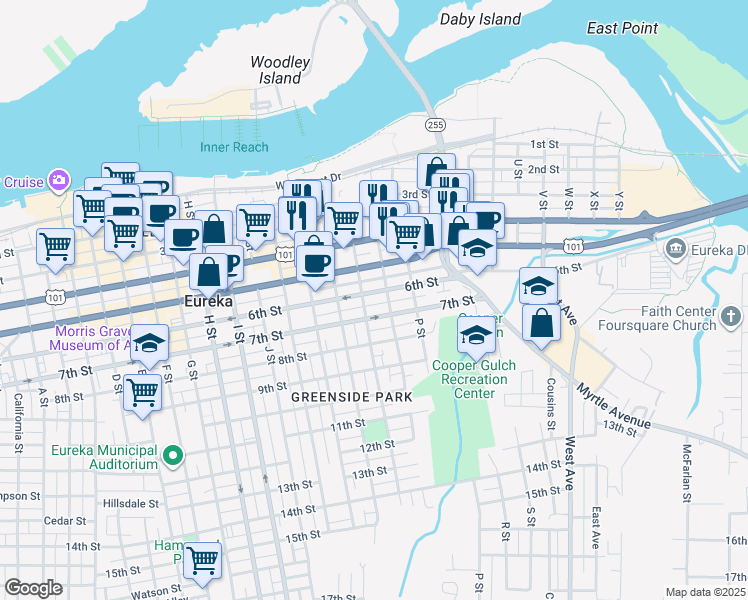 map of restaurants, bars, coffee shops, grocery stores, and more near in Eureka