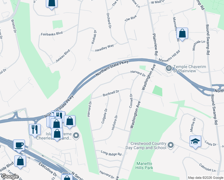 map of restaurants, bars, coffee shops, grocery stores, and more near 70 Colgate Drive in Plainview