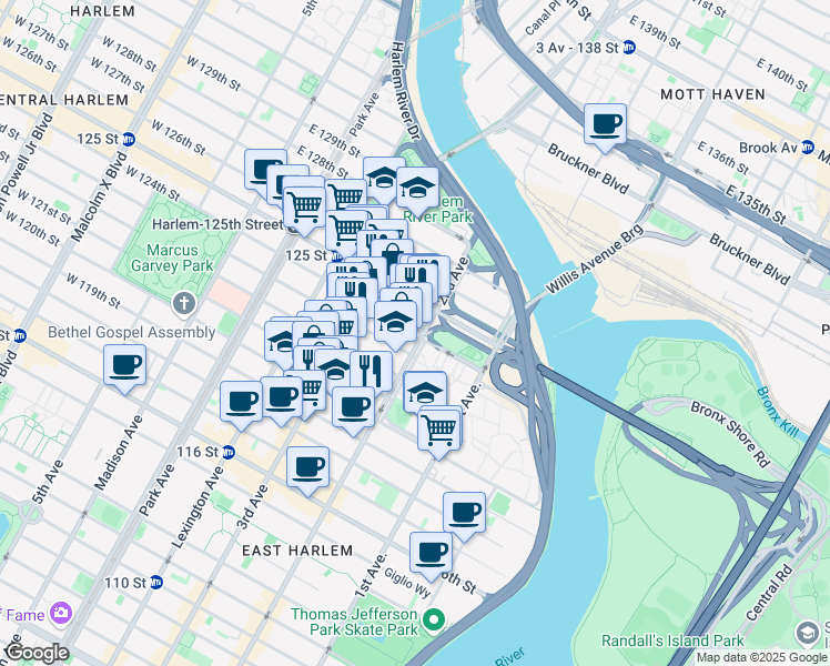 map of restaurants, bars, coffee shops, grocery stores, and more near in New York