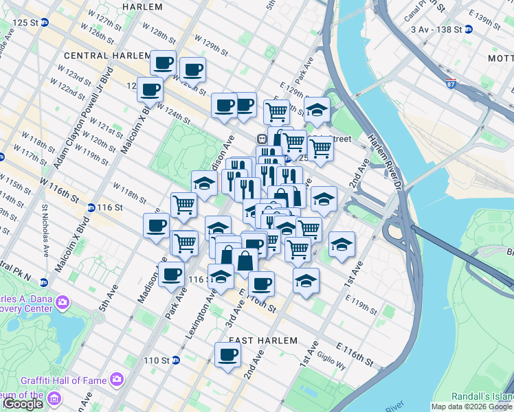 map of restaurants, bars, coffee shops, grocery stores, and more near 1940 Lexington Avenue in New York