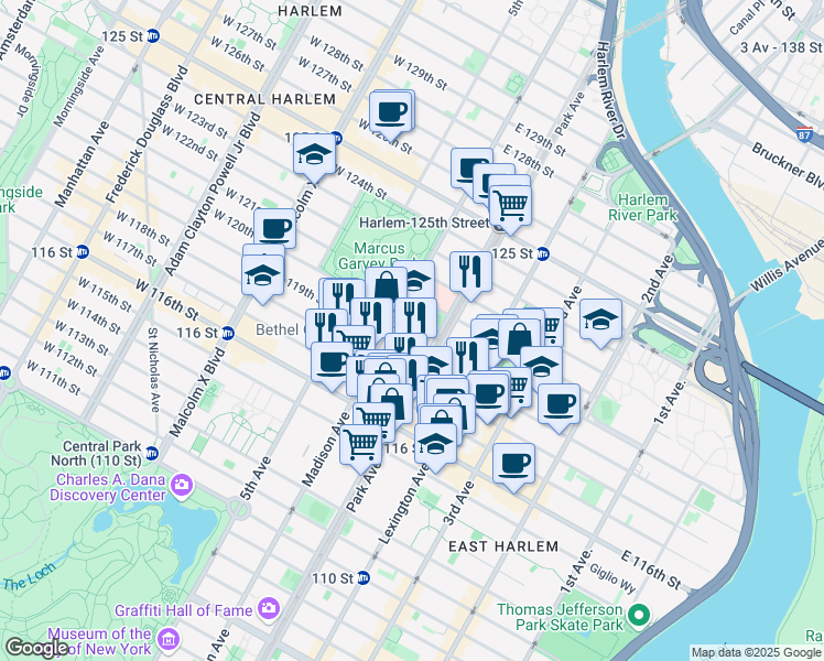 map of restaurants, bars, coffee shops, grocery stores, and more near 76 East 119th Street in New York