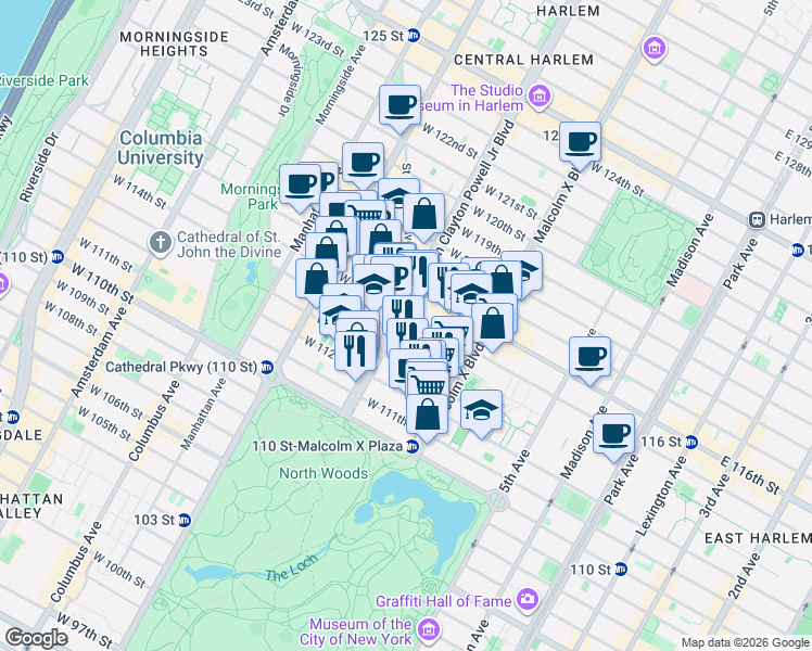map of restaurants, bars, coffee shops, grocery stores, and more near 124 West 114th Street in New York