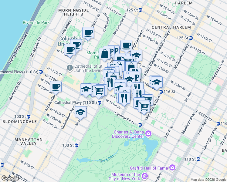 map of restaurants, bars, coffee shops, grocery stores, and more near 249 West 112th Street in New York