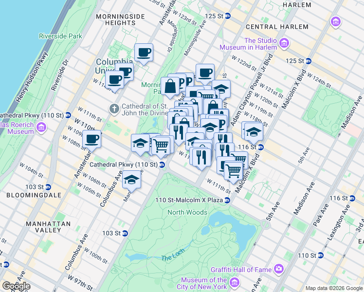 map of restaurants, bars, coffee shops, grocery stores, and more near 249 West 112th Street in New York