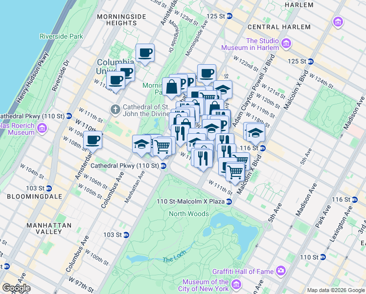 map of restaurants, bars, coffee shops, grocery stores, and more near 249 West 112th Street in New York