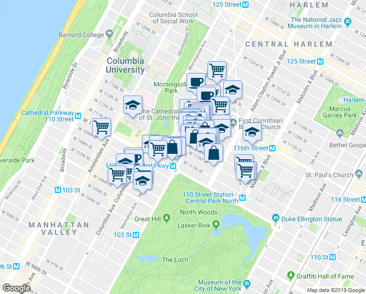 map of restaurants, bars, coffee shops, grocery stores, and more near 2076 Frederick Douglass Boulevard in New York