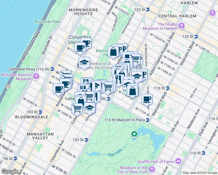 map of restaurants, bars, coffee shops, grocery stores, and more near 321 West 110th Street in New York