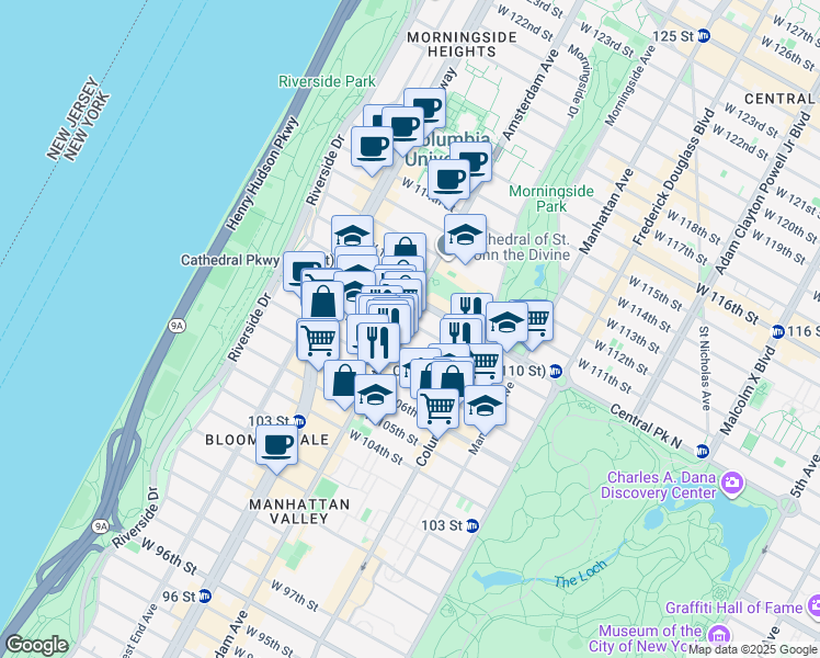 map of restaurants, bars, coffee shops, grocery stores, and more near 149 West 108th Street in New York