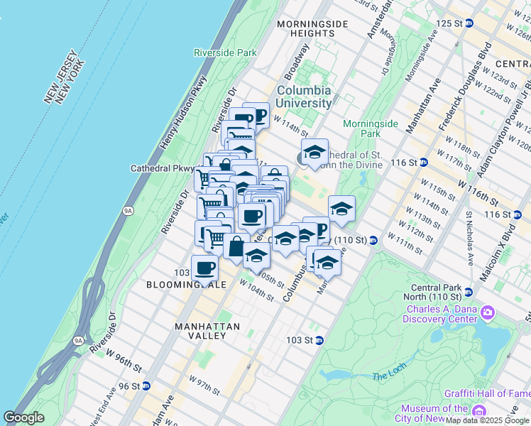 map of restaurants, bars, coffee shops, grocery stores, and more near 968 Amsterdam Avenue in New York