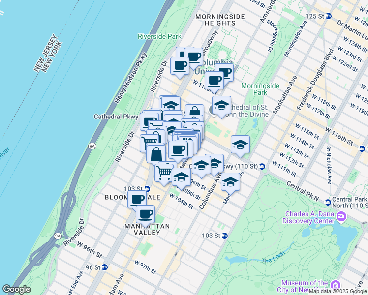 map of restaurants, bars, coffee shops, grocery stores, and more near 985 Amsterdam Avenue in New York
