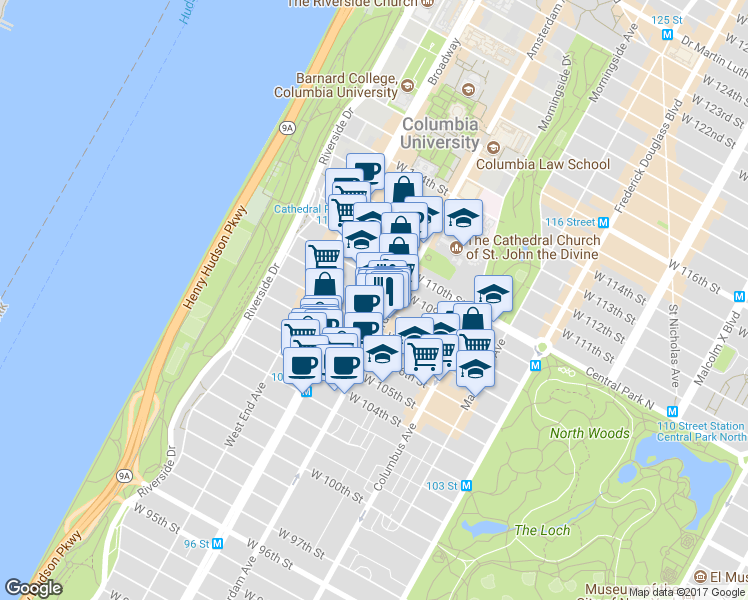 map of restaurants, bars, coffee shops, grocery stores, and more near 972C Amsterdam Avenue in New York