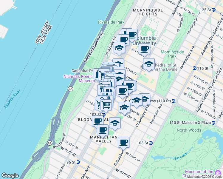 map of restaurants, bars, coffee shops, grocery stores, and more near 900 West End Avenue in New York