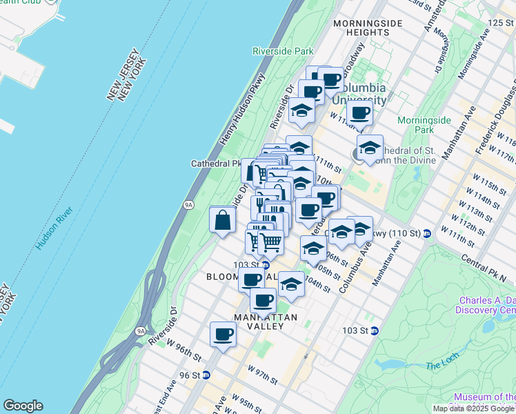 map of restaurants, bars, coffee shops, grocery stores, and more near 307 West 105th Street in New York
